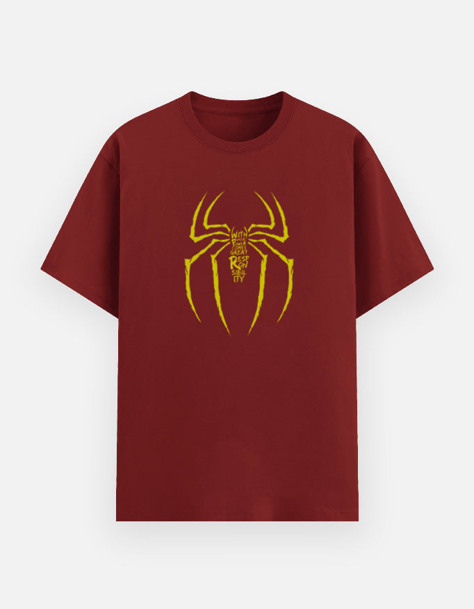 Red oversized t-shirt with yellow spider silhouette graphic and typography print on chest, front view