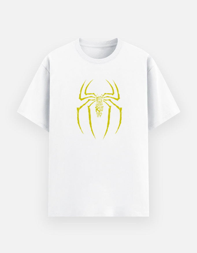 White oversized t-shirt with yellow spider silhouette graphic and typography print on chest, front view