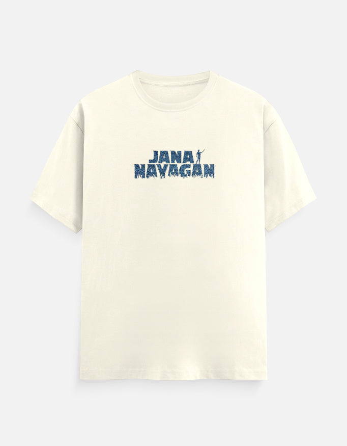 Off-white oversized t-shirt with Jana Nayagan distressed typography print and celebrating silhouette, front view
