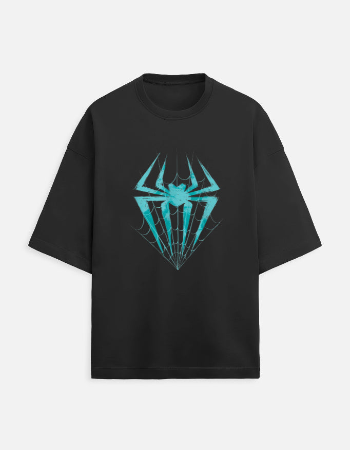 Front view of a black oversized t-shirt from Lowkey fashion featuring a teal spider and web graphic in the center.