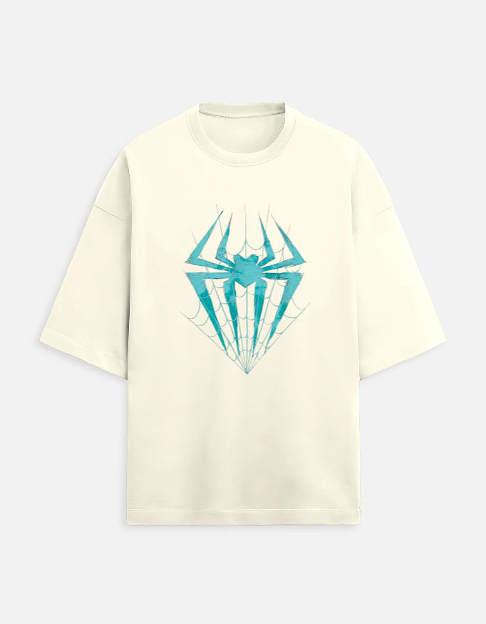 Front view of a off-white oversized t-shirt from Lowkey fashion featuring a teal spider and web graphic in the center.