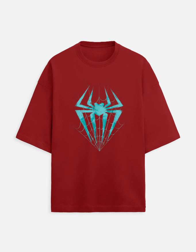 Front view of a red oversized t-shirt from Lowkey fashion featuring a teal spider and web graphic in the center.