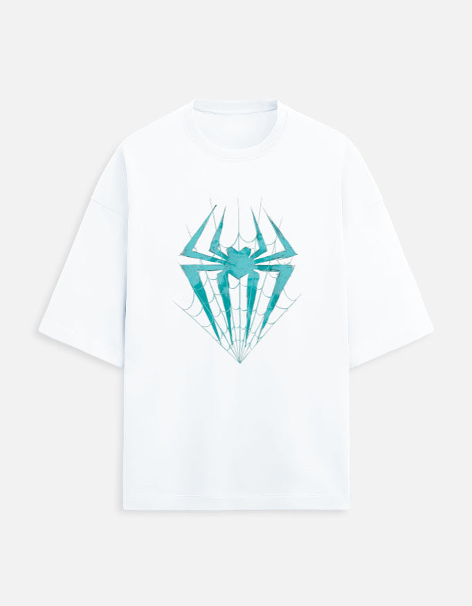 Front view of a white oversized t-shirt from Lowkey fashion featuring a teal spider and web graphic in the center.