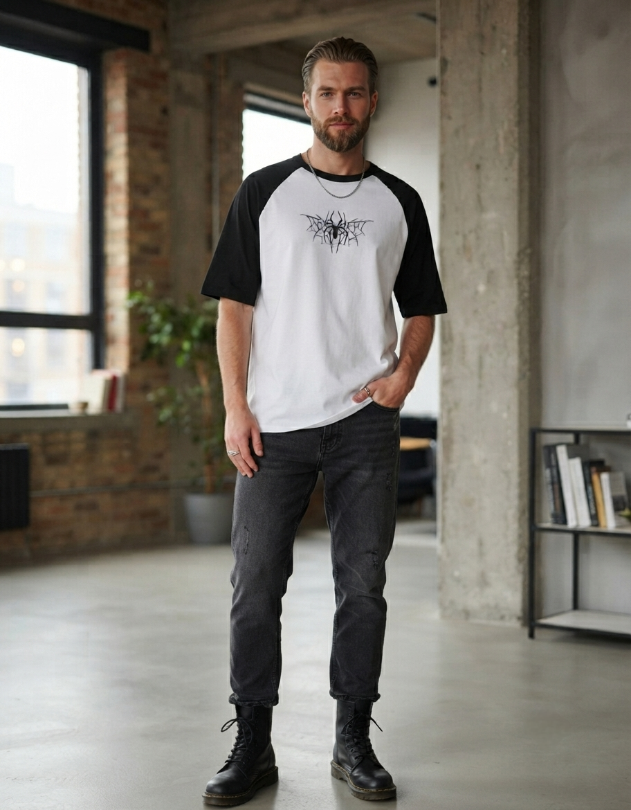 Model wearing black and white oversized raglan t-shirt with spider web graphic print on chest, front view