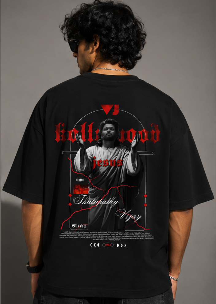 Model wearing black oversized t-shirt with red gothic Kollywood Jesus graphic and roadmap design print