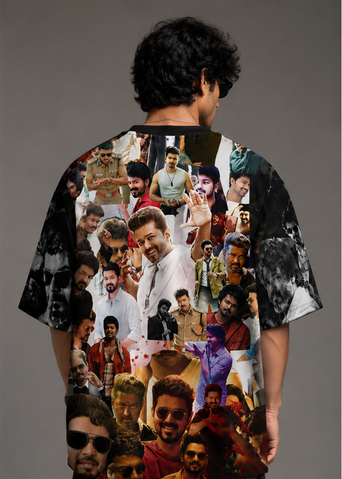 All-over print oversized t-shirt with collage of film stills and portraits, back view
