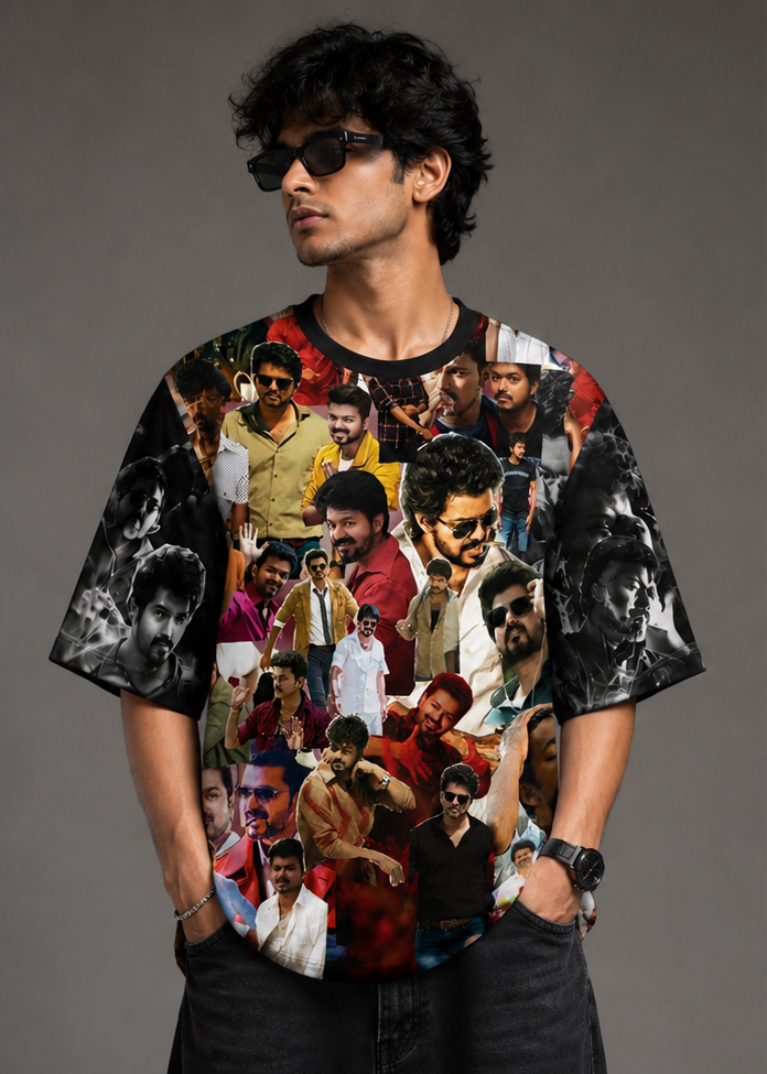 All-over print oversized t-shirt with collage of film stills and portraits, front view
