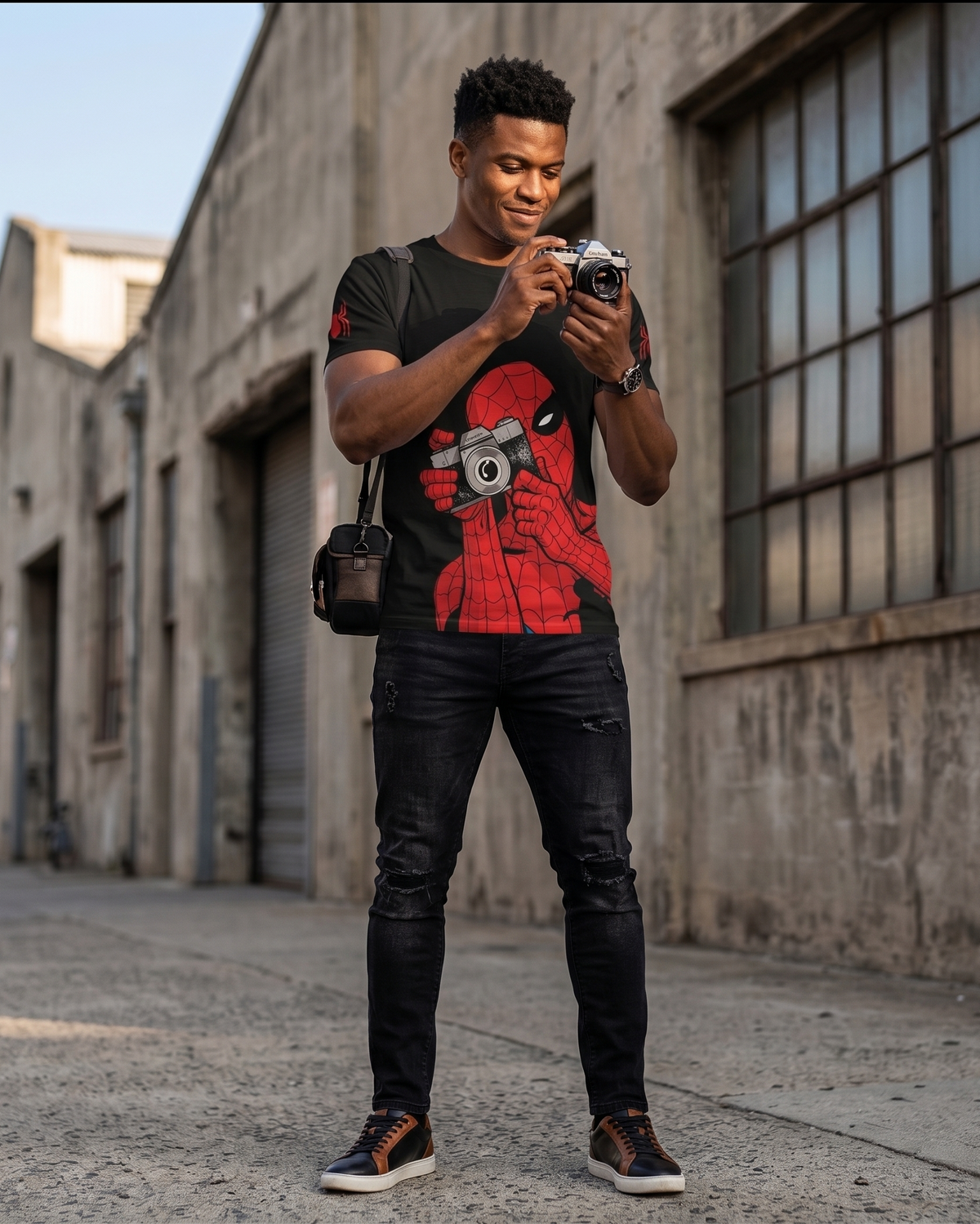 model wearing a large graphic on a black t-shirt featuring Spider-Man holding a vintage-style camera up to his mask.