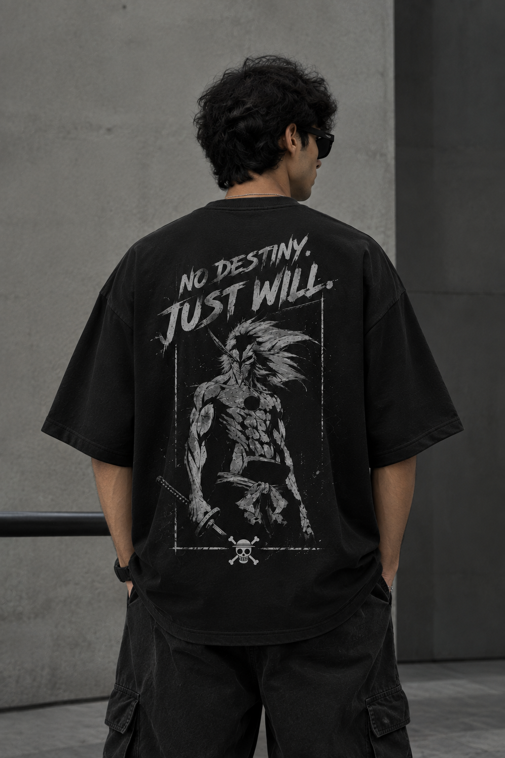 Model wearing Black oversized streetwear T-shirt featuring No Destiny Just Will graphic back print