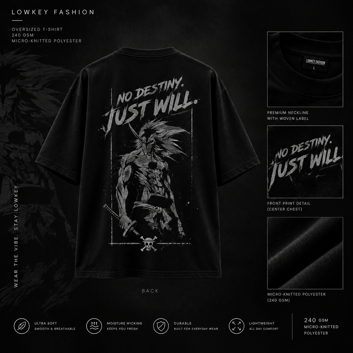 Black oversized streetwear T-shirt featuring No Destiny Just Will graphic back print