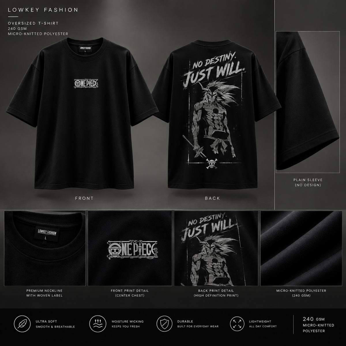 Black oversized graphic T-shirt with No Destiny Just Will back design