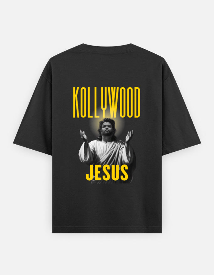 Black oversized t-shirt with Kollywood Jesus graphic and glowing portrait print on back