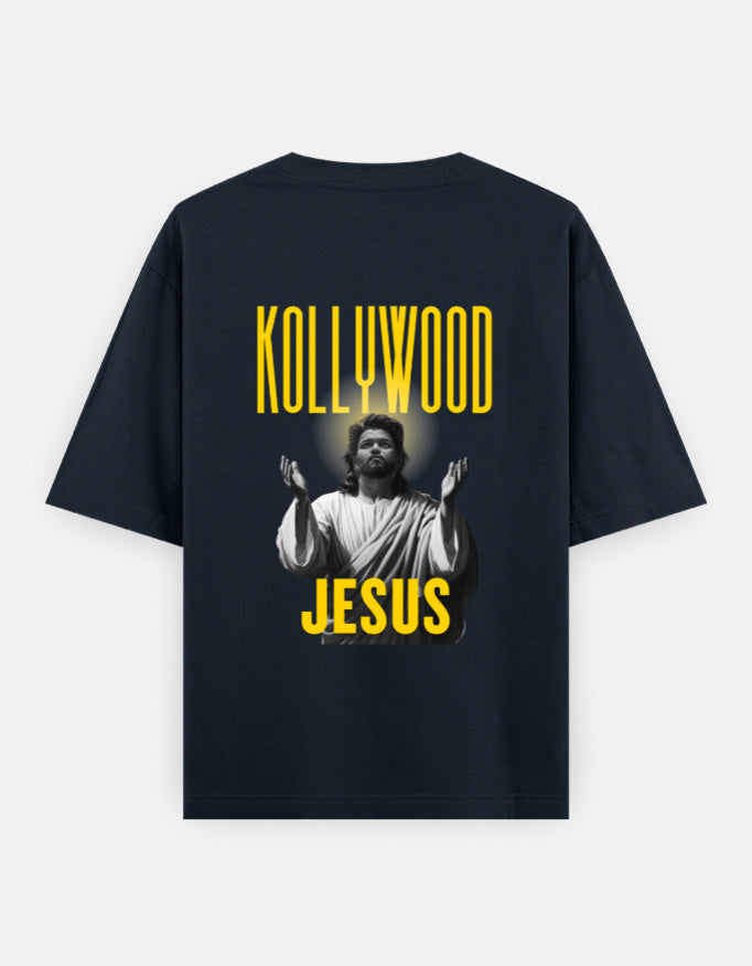 Blue oversized t-shirt with Kollywood Jesus graphic and glowing portrait print on back