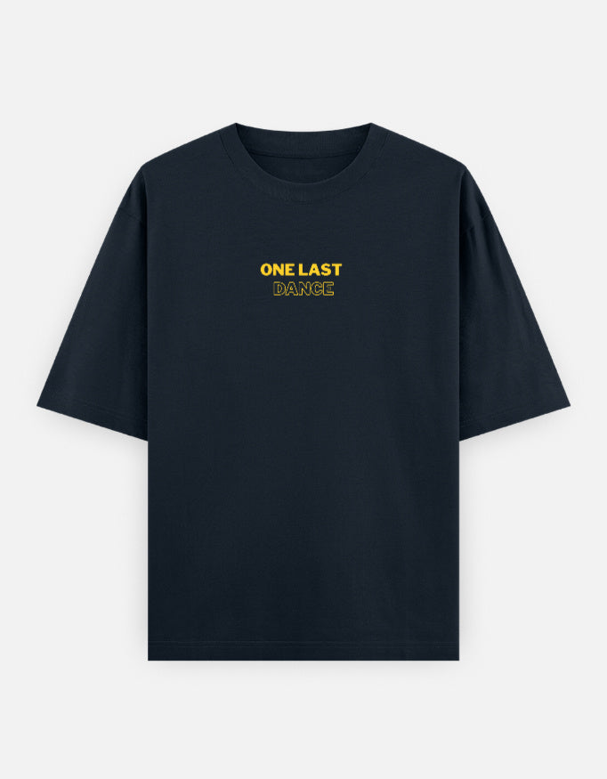 Blue oversized t-shirt with small One Last Dance typography print on chest