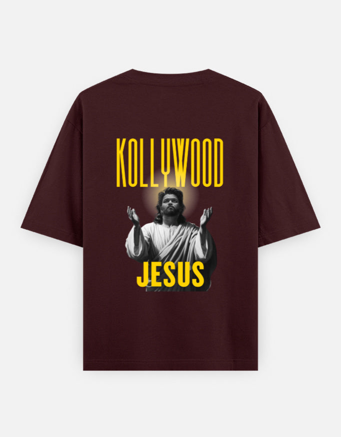 Maroon oversized t-shirt with Kollywood Jesus graphic and glowing portrait print on back