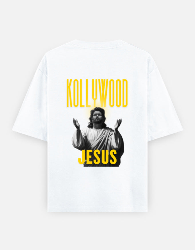 White oversized t-shirt with Kollywood Jesus graphic and glowing portrait print on back