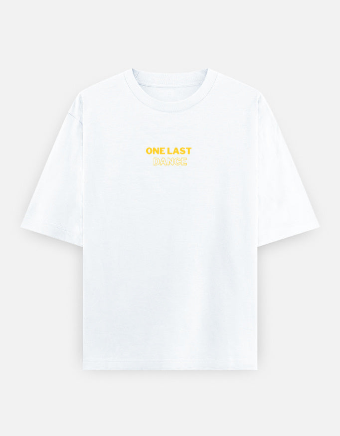 White oversized t-shirt with small One Last Dance typography print on chest