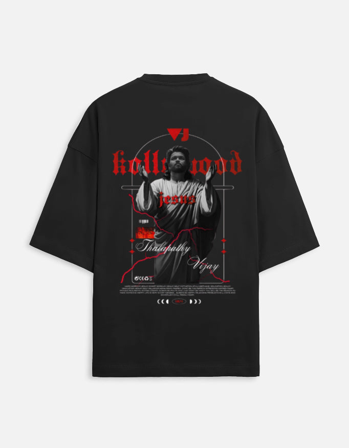 Black oversized t-shirt with red gothic Kollywood Jesus graphic and roadmap design print
