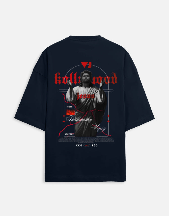 Blue oversized t-shirt with red gothic Kollywood Jesus graphic and roadmap design print