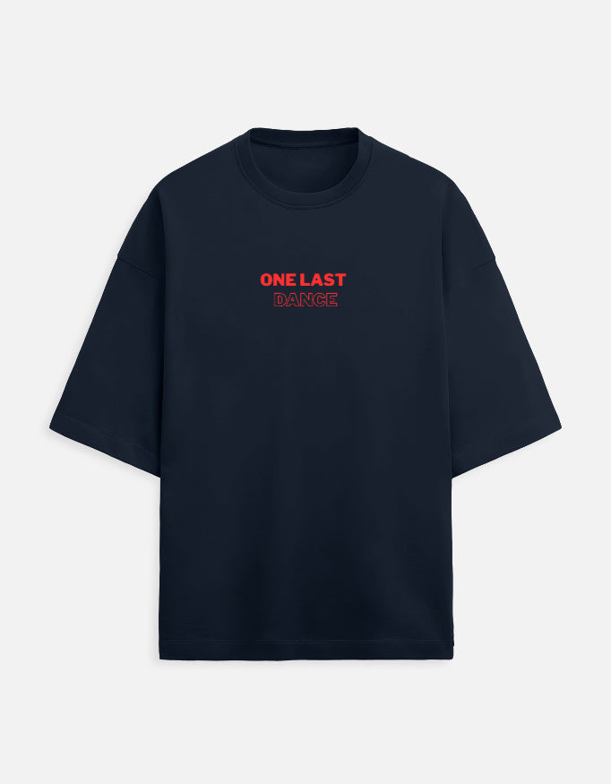 Blue oversized t-shirt with small One Last Dance typography print on chest