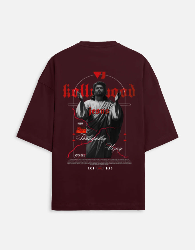 Maroon oversized t-shirt with red gothic Kollywood Jesus graphic and roadmap design print