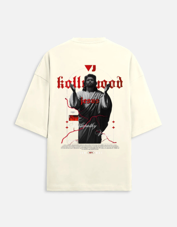 Off-white oversized t-shirt with red gothic Kollywood Jesus graphic and roadmap design print