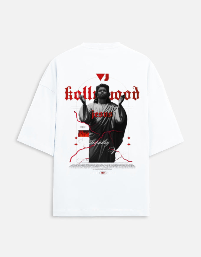 White oversized t-shirt with red gothic Kollywood Jesus graphic and roadmap design print