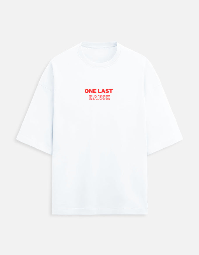 White oversized t-shirt with small One Last Dance typography print on chest