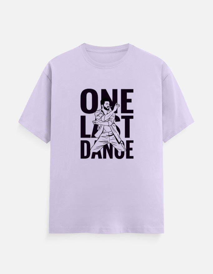 Lavender oversized t-shirt with One Last Dance typography and illustrated dancer print, front view