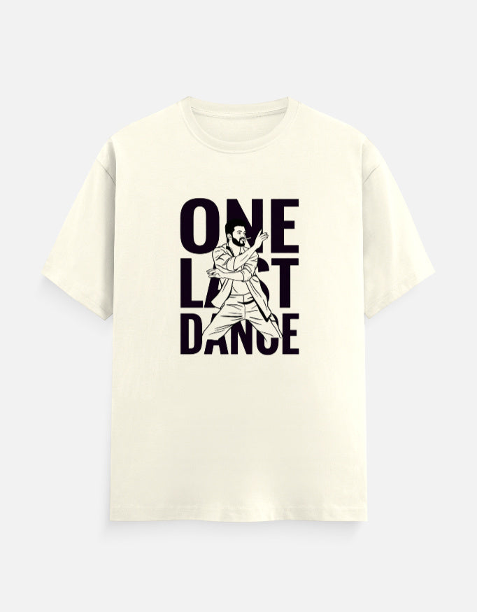 Off-white oversized t-shirt with One Last Dance typography and illustrated dancer print, front view