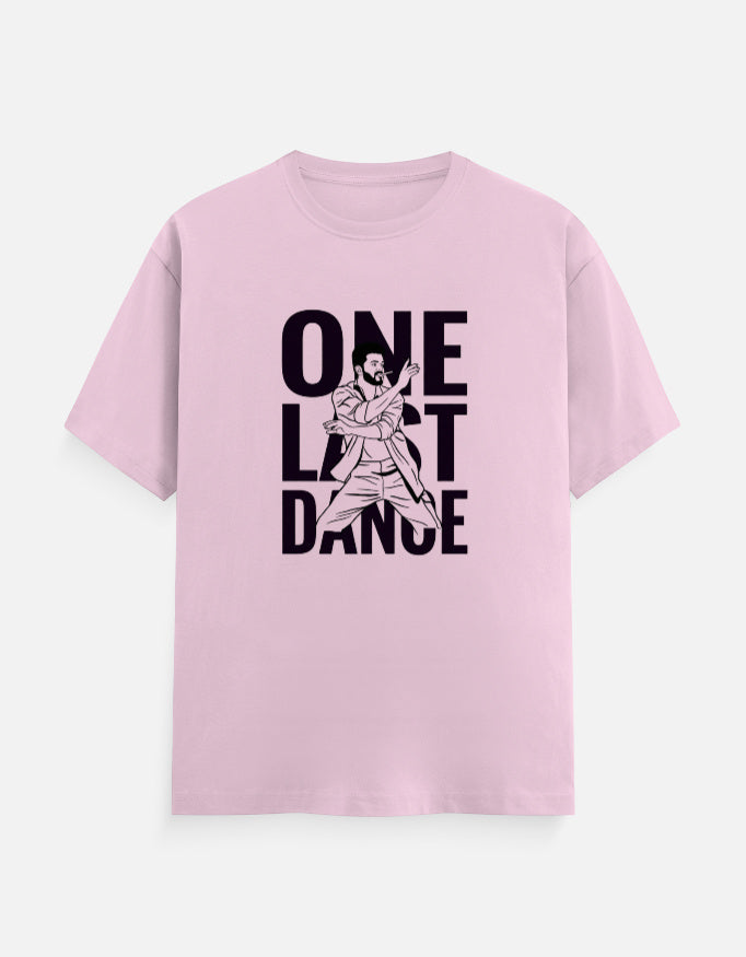 Pink oversized t-shirt with One Last Dance typography and illustrated dancer print, front view
