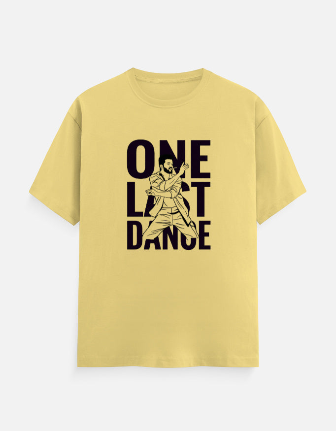 Yellow oversized t-shirt with One Last Dance typography and illustrated dancer print, front view