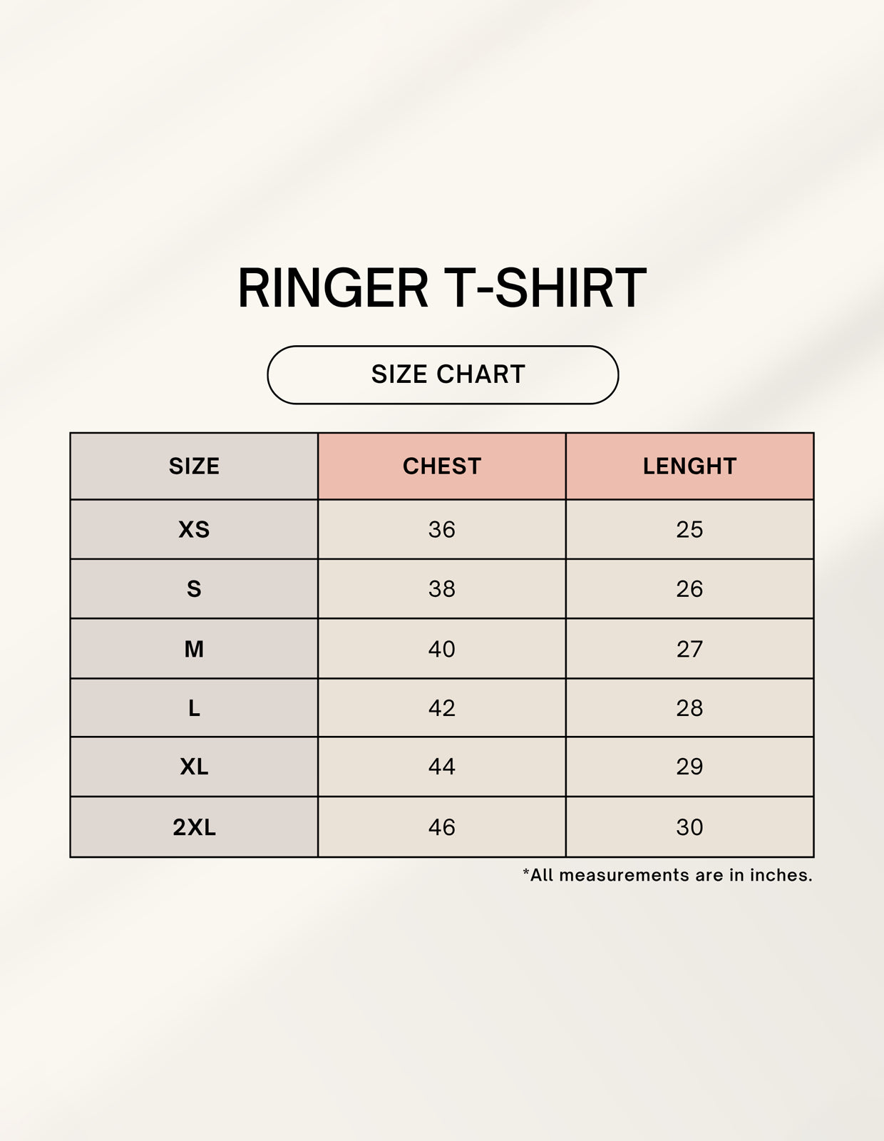 Size chart for ringer t-shirts with chest and length measurements.