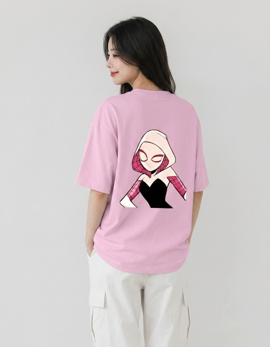 Back view of Spider-Man and Spider-Gwen matching oversized t-shirts with graphic character print