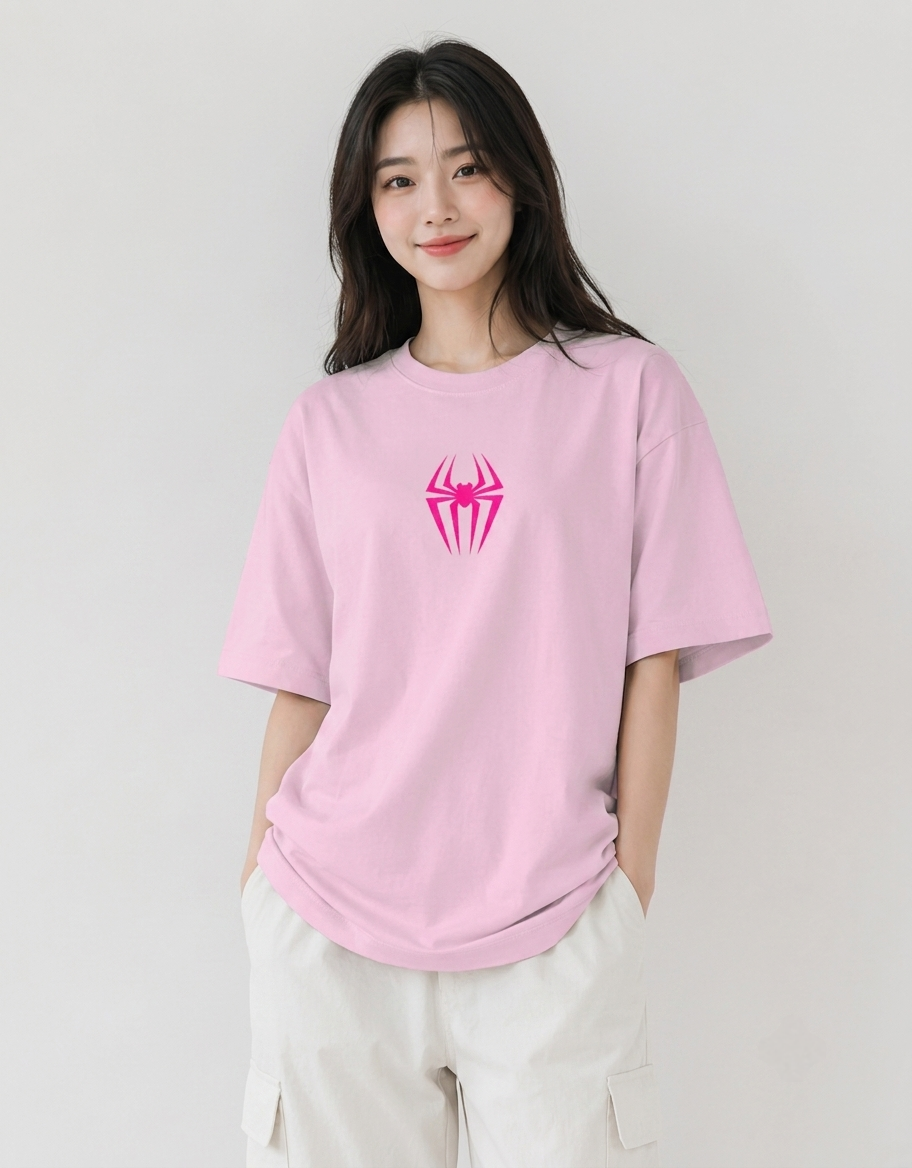 Couple wearing Spider-Man oversized t-shirt and Spider-Gwen oversized t-shirt with front spider logo