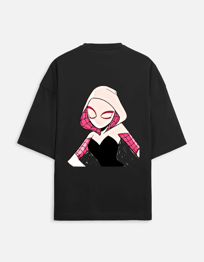 Back view of Spider-Man and Spider-Gwen matching oversized t-shirts with graphic character print