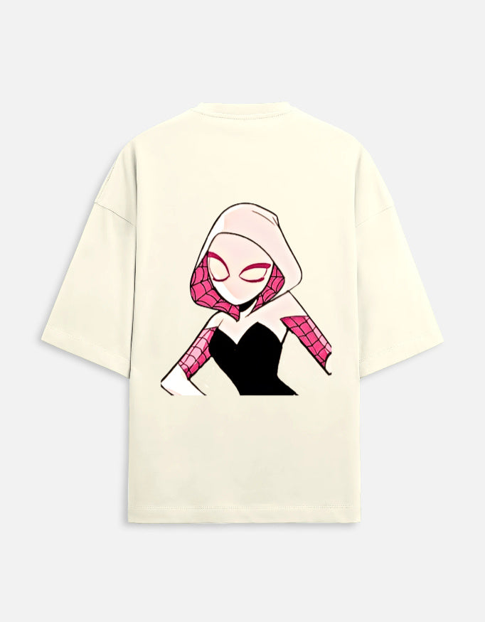 Back view of Spider-Man and Spider-Gwen matching oversized t-shirts with graphic character print