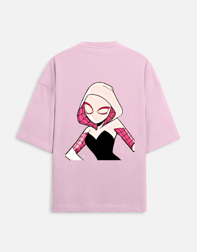 Back view of Spider-Man and Spider-Gwen matching oversized t-shirts with graphic character print