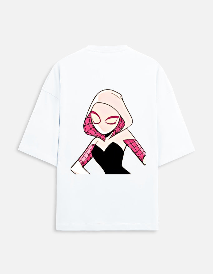 Back view of Spider-Man and Spider-Gwen matching oversized t-shirts with graphic character print
