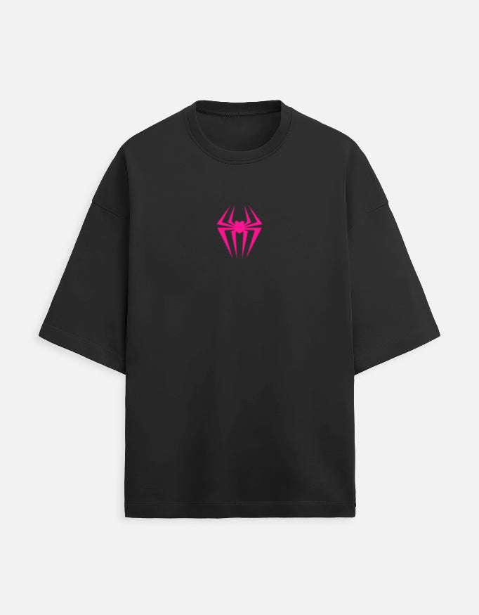Couple wearing Spider-Man oversized t-shirt and Spider-Gwen oversized t-shirt with front spider logo