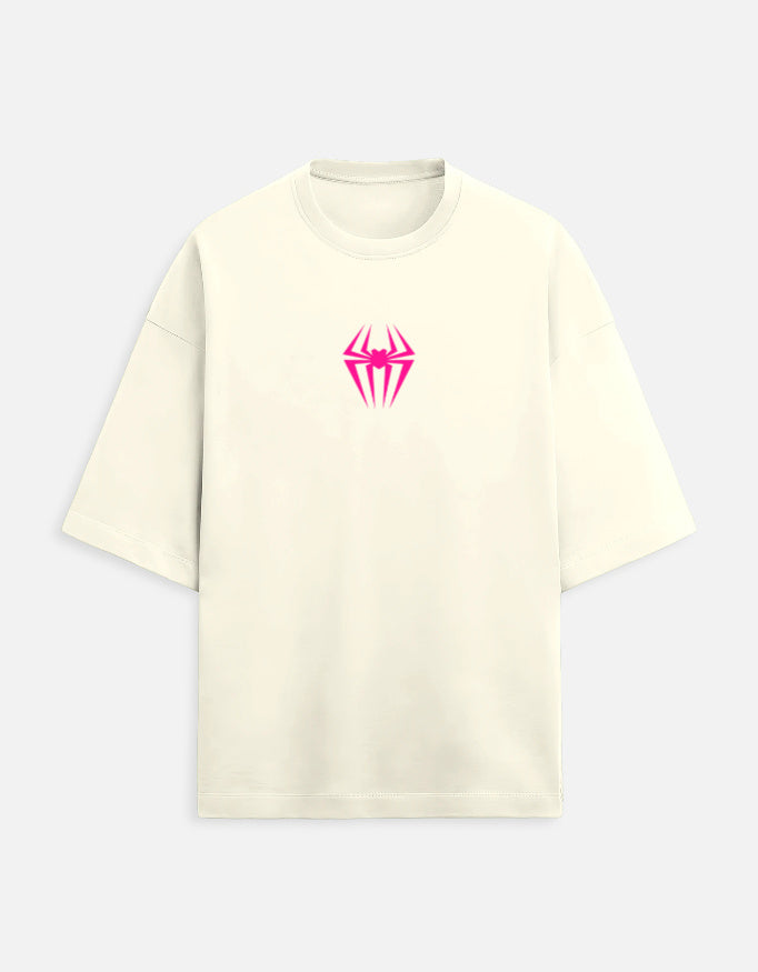 Couple wearing Spider-Man oversized t-shirt and Spider-Gwen oversized t-shirt with front spider logo