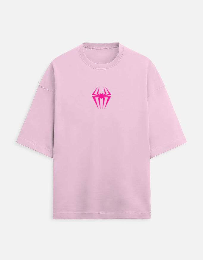 Couple wearing Spider-Man oversized t-shirt and Spider-Gwen oversized t-shirt with front spider logo