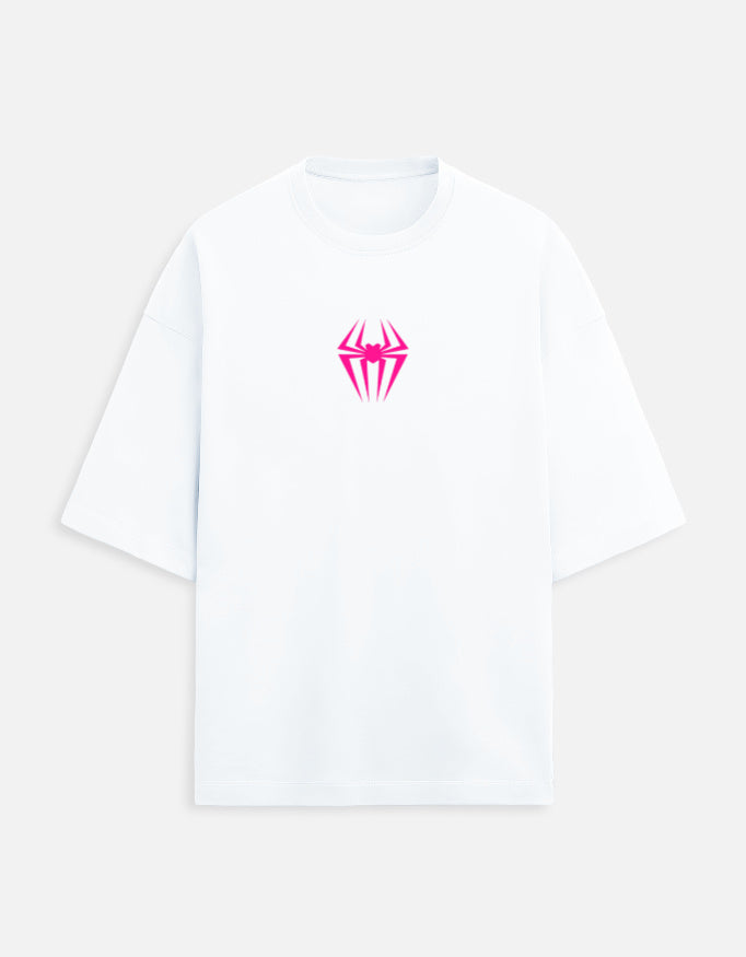 Couple wearing Spider-Man oversized t-shirt and Spider-Gwen oversized t-shirt with front spider logo