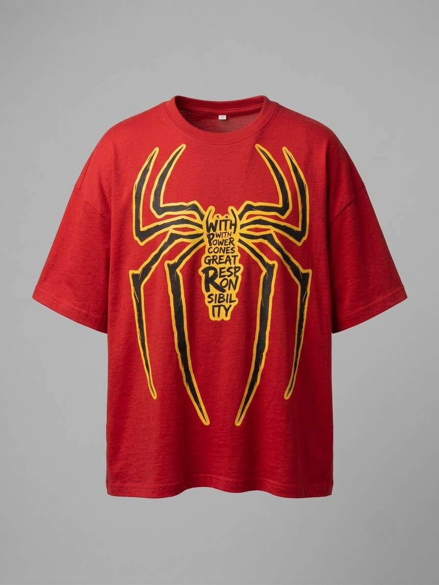 Spider-Man With Great Power red oversized t-shirt flat lay front view