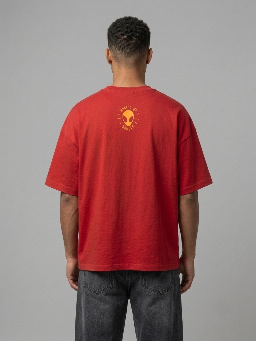 Man wearing Spider-Man With Great Power red oversized t-shirt, back view