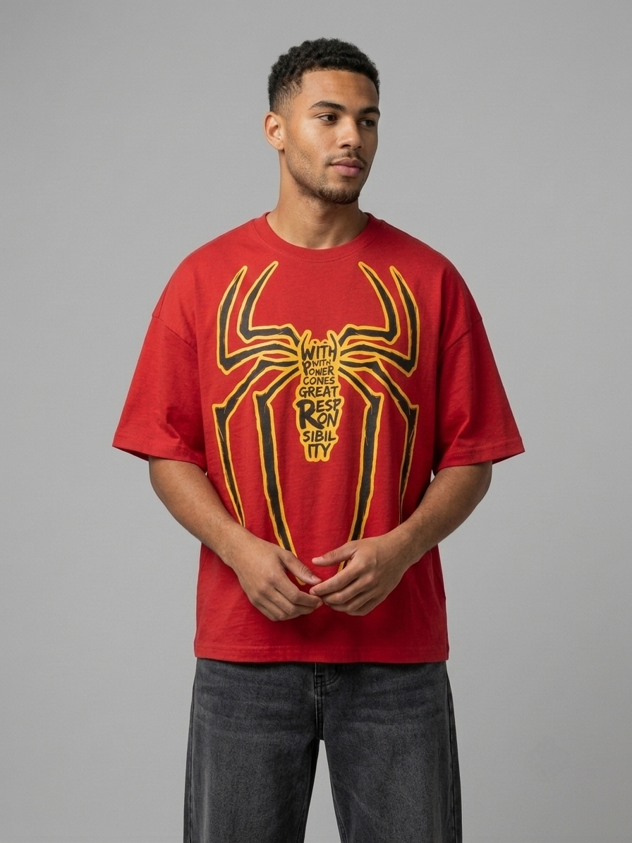 Man wearing Spider-Man With Great Power red oversized t-shirt, front view