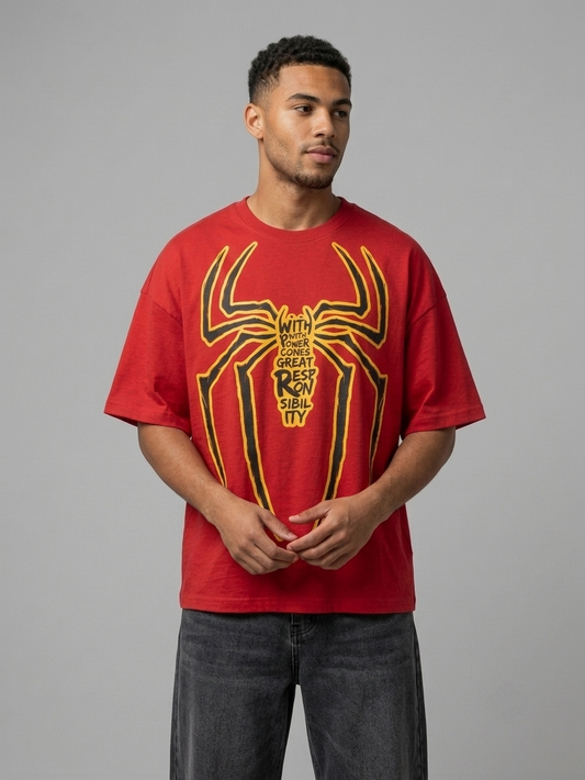 Man wearing Spider-Man With Great Power red oversized t-shirt, front view