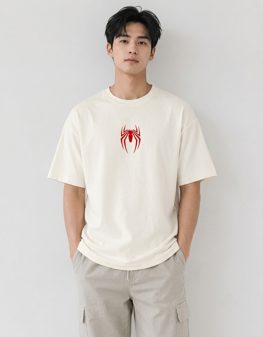 Couple wearing Spider-Man oversized t-shirt and Spider-Gwen oversized t-shirt with front spider logo