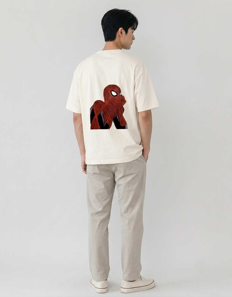 Back view of Spider-Man and Spider-Gwen matching oversized t-shirts with graphic character print