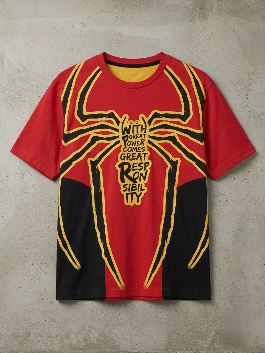 Spider-Man Great Power oversized t-shirt flat lay front view with quote print